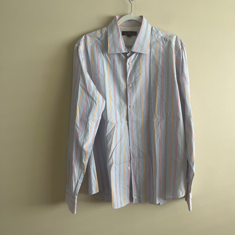 Ben Sherman Original striped button down shirt‎ XL 100% cotton light blue multi